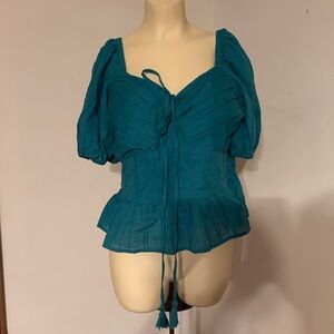 Jessica Simpson Green and Blue Puff Sleeve Peplum Blouse